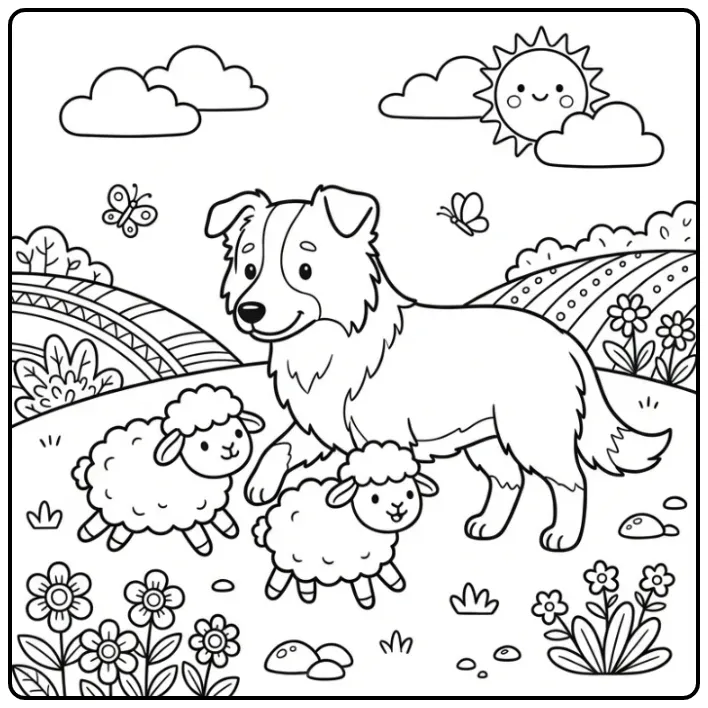 Leuke kleurplaat hond Border Collie met speelse schaapjes.