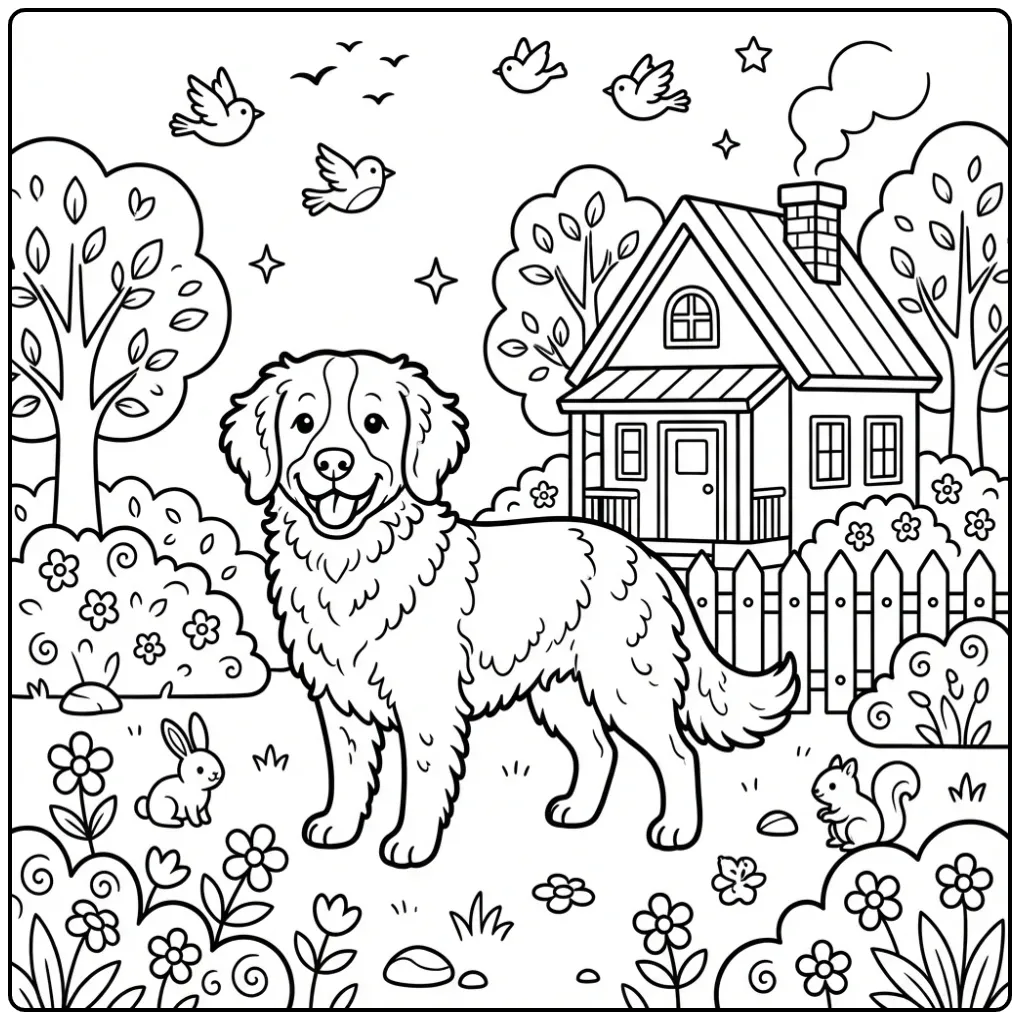 Leuke kleurplaat hond: Drentsche Patrijshond bij boerderij.