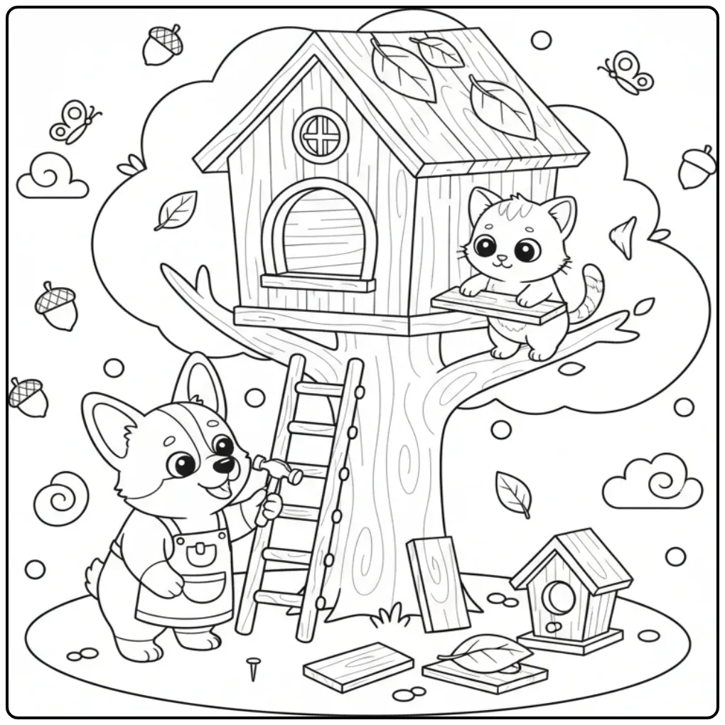 Een schattige kleurplaat hond en kat die een boomhut bouwen.