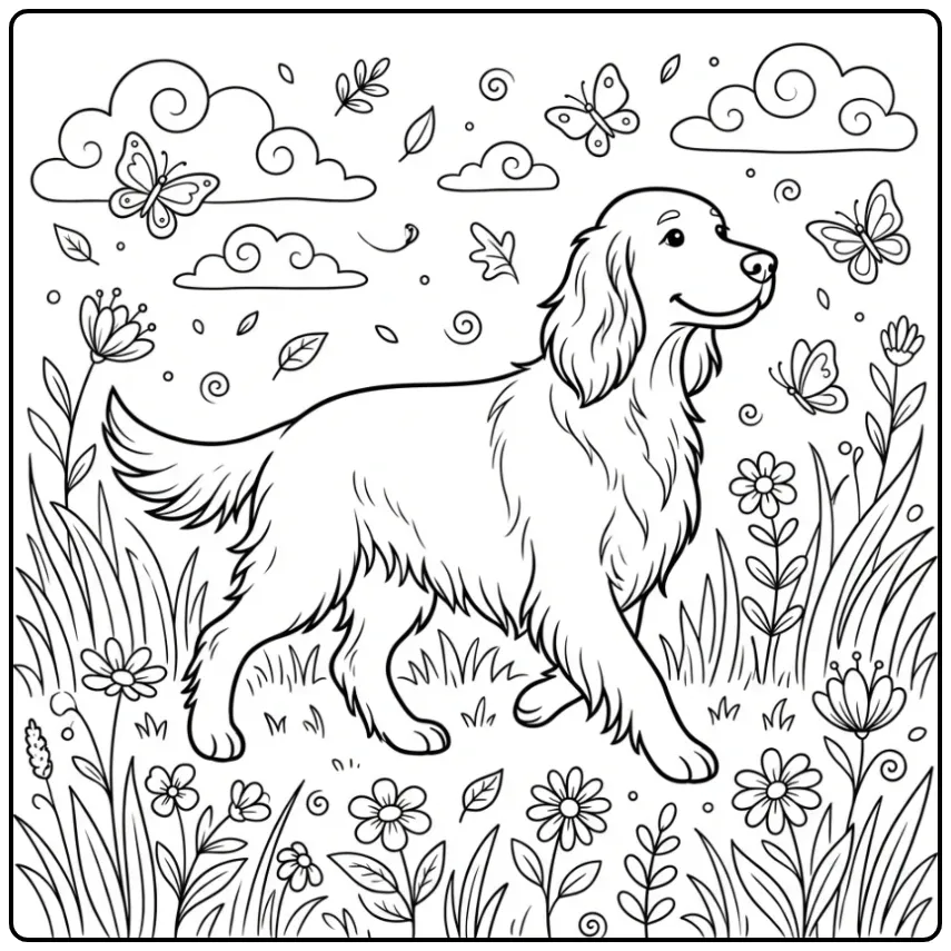 Sierlijke Ierse Setter kleurplaat hond in de natuur.