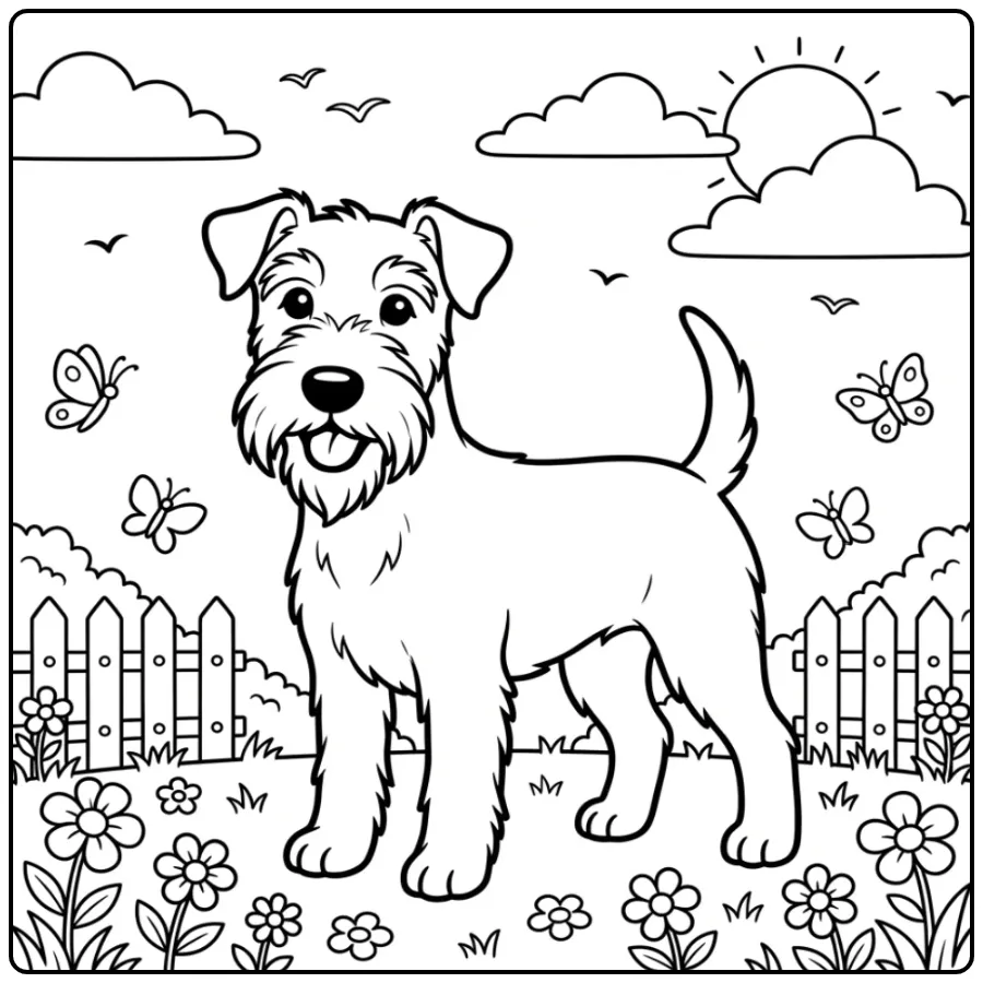 Vrolijke Ierse Terrier kleurplaat hond met vlinders.