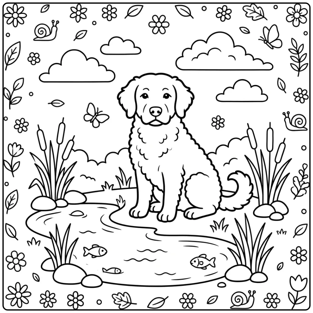 Kleurplaat hond Wetterhoun zittend aan een rustig meer.