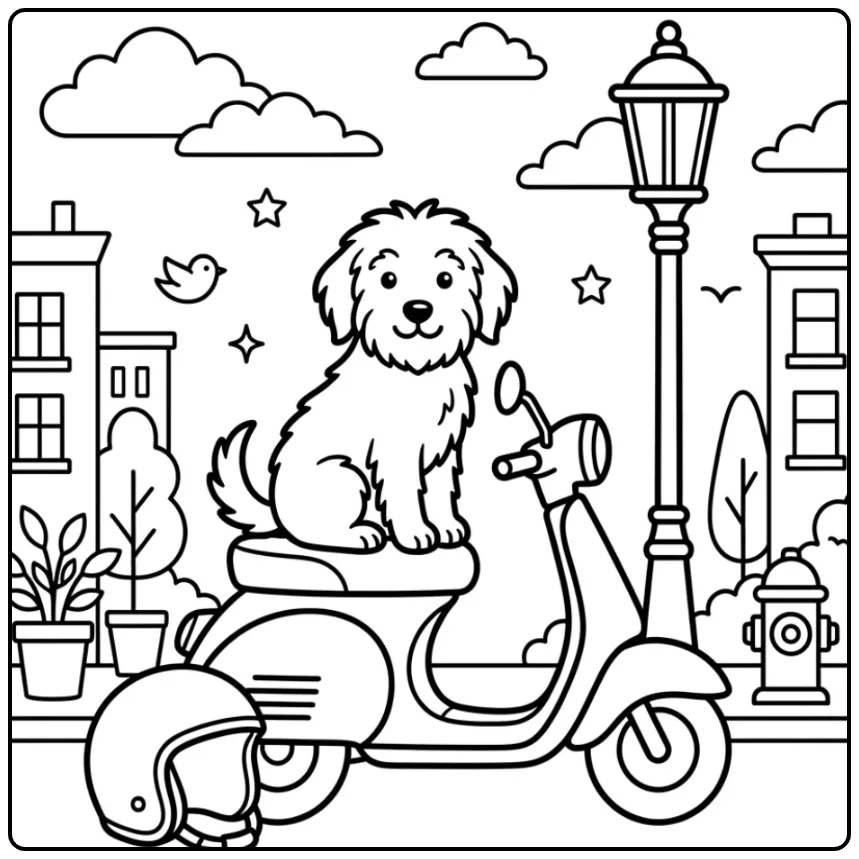 Een schattige kleurplaat hond makkelijk als passagier op scooter.