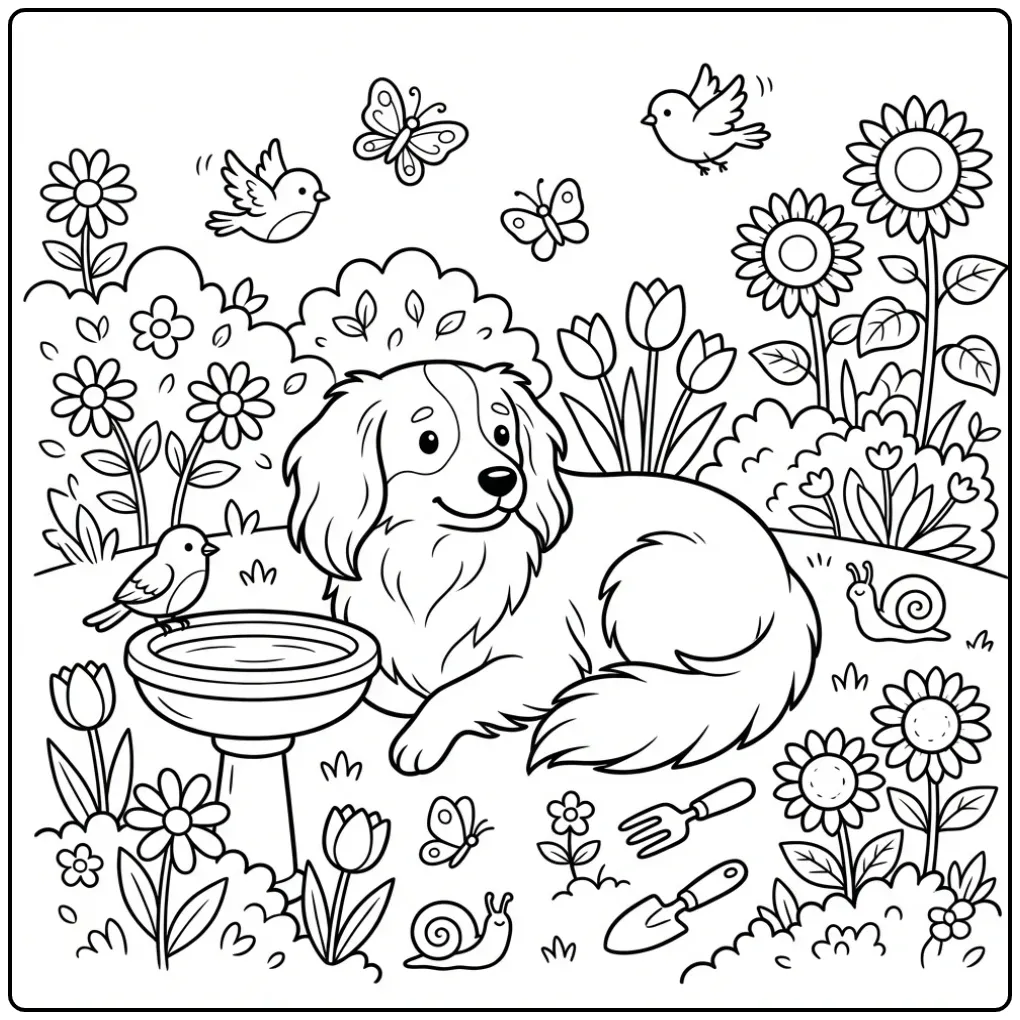 Markiesje in de tuin als leuke kleurplaat hond met vogels.