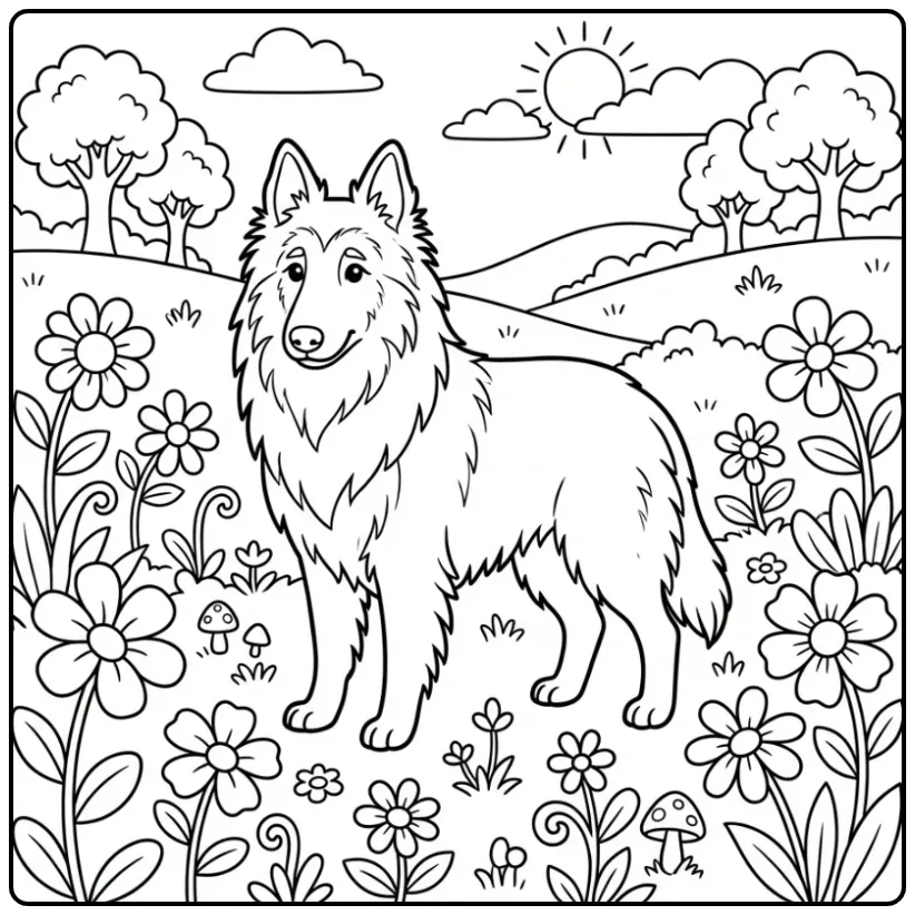 Kleurplaat hond: Tervurense herder in een bloemenweide