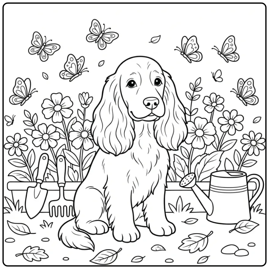 Kleurplaat hond Engelse Cocker Spaniel in de tuin met bloemen.
