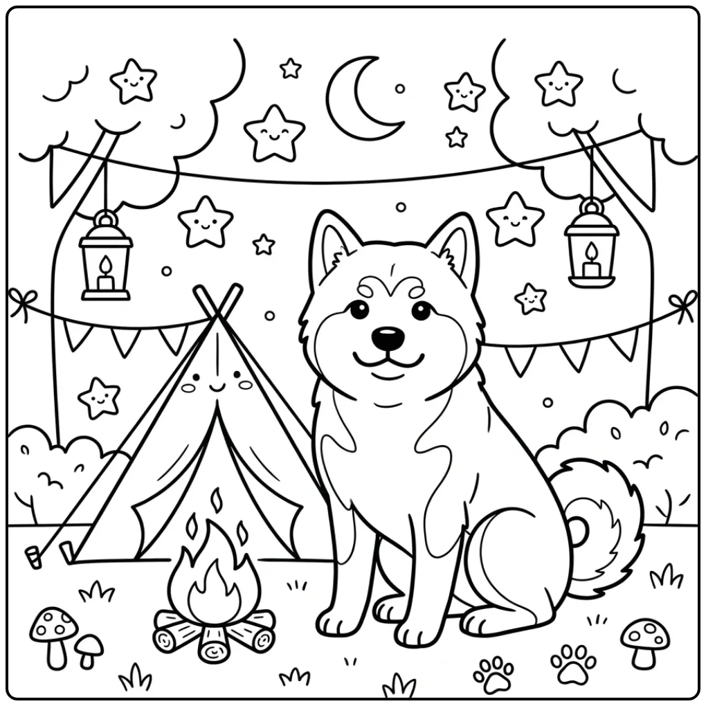 Een kleurplaat hond schattig Akita kamperend bij een tentje.