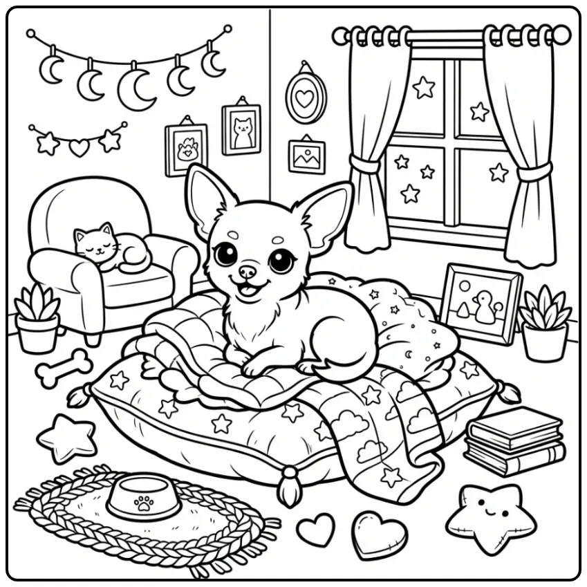 Een kleurplaat hond schattig van een chihuahua in bed.