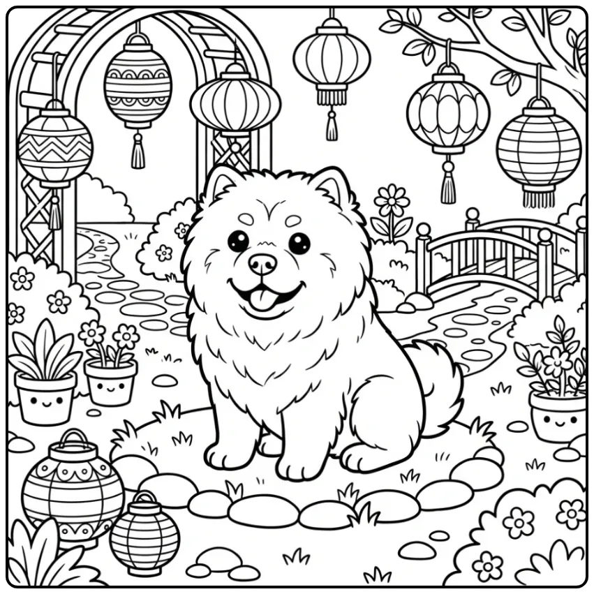 Fluffy Chow Chow als kleurplaat hond schattig in tuin.