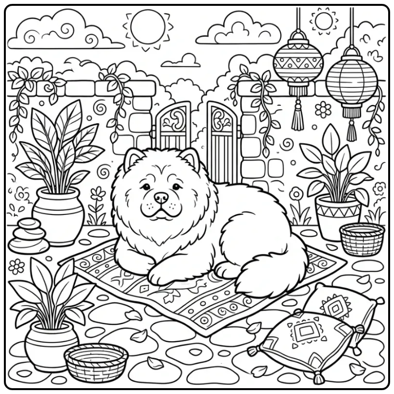Ontspannen Chow Chow kleurplaat hond schattig in binnentuin