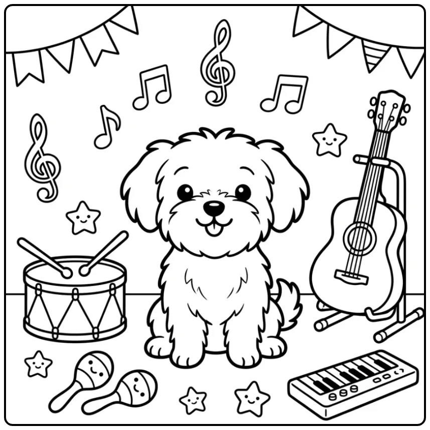 Een kleurplaat hond schattig met een Maltezer en trommel.