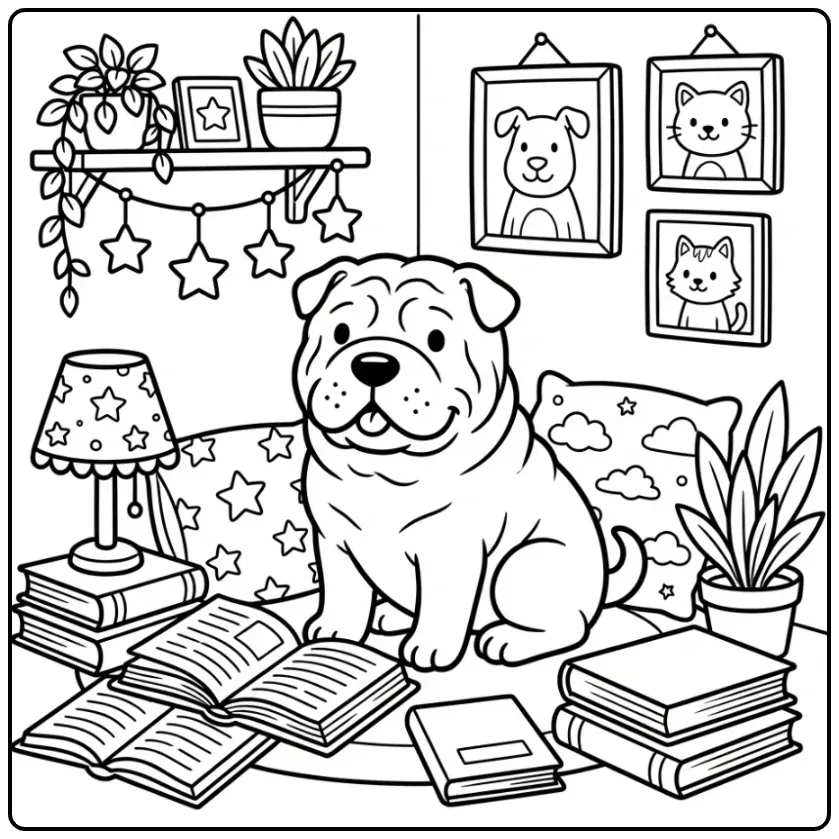 Kleurplaat hond schattig Shar Pei in knusse leeshoek.