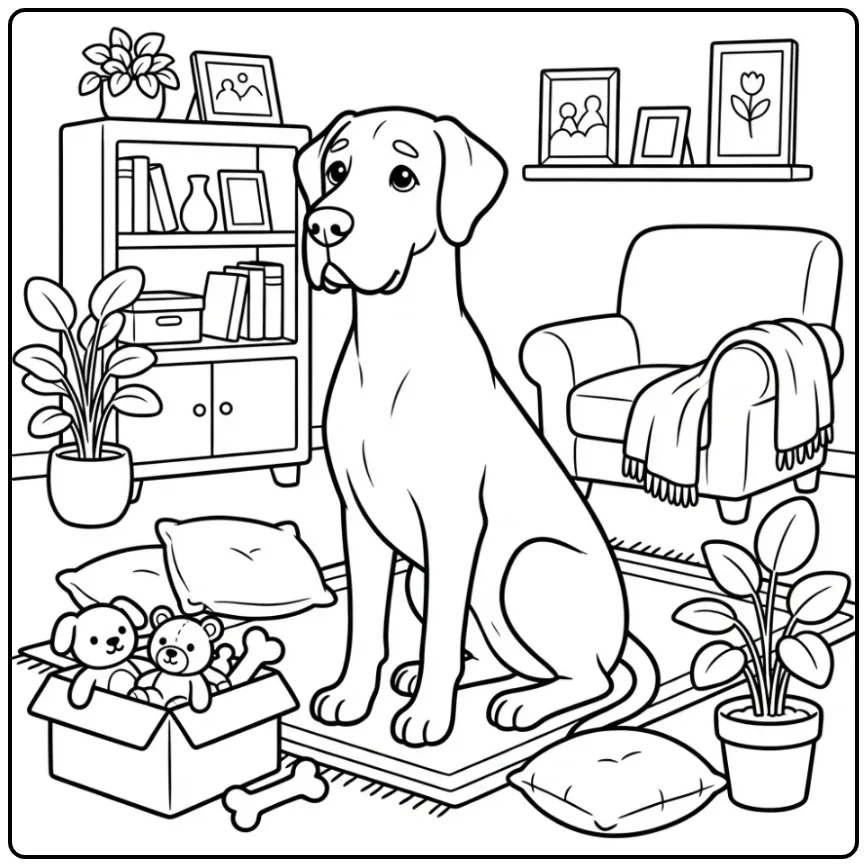 Grote Deense Dog als kleurplaat hond schattig in de woonkamer