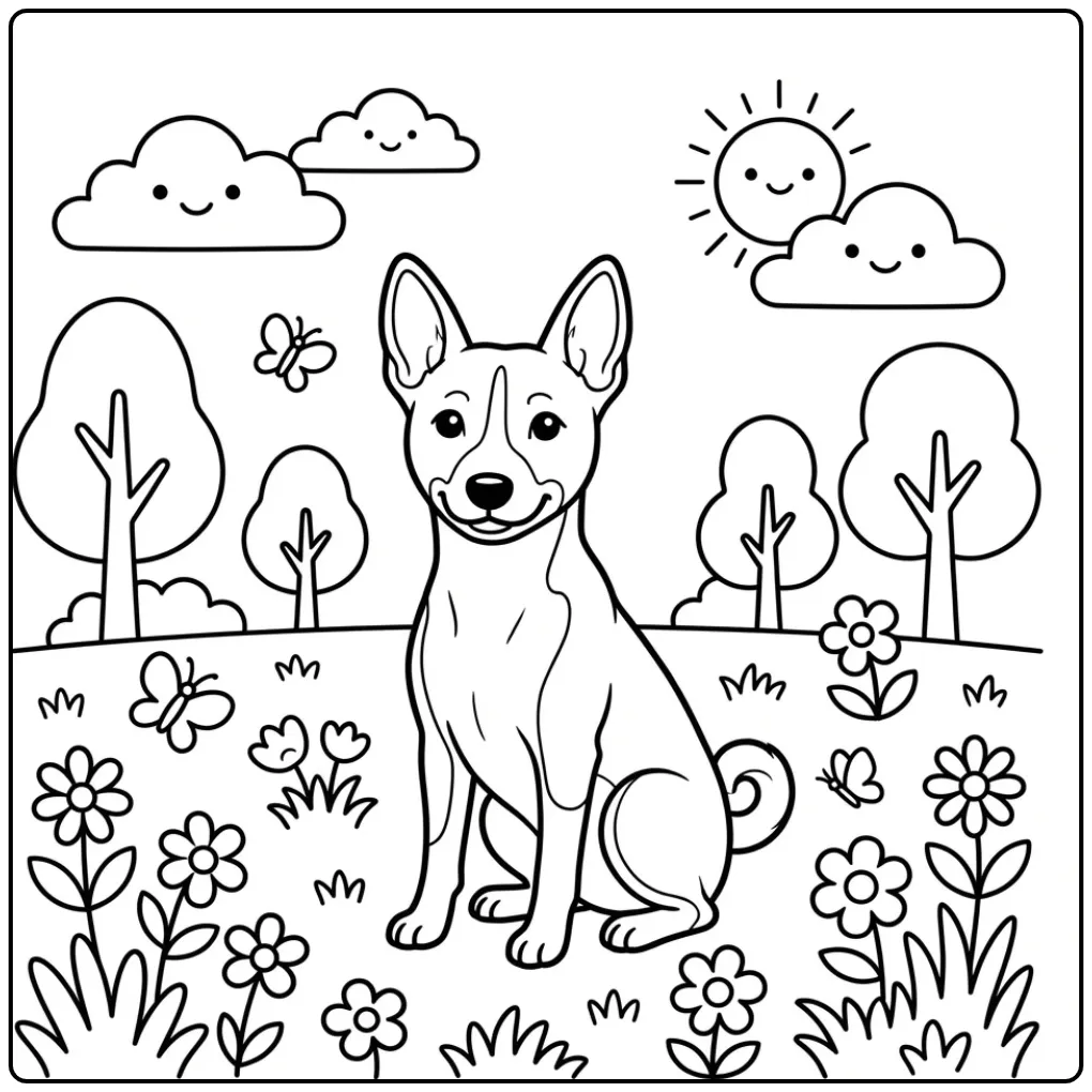 Een vrolijke Basenji kleurplaat hond schattig buiten.