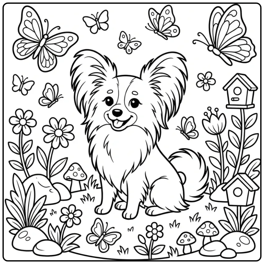 Een kleurplaat hond schattig van een Papillon met vlinders.
