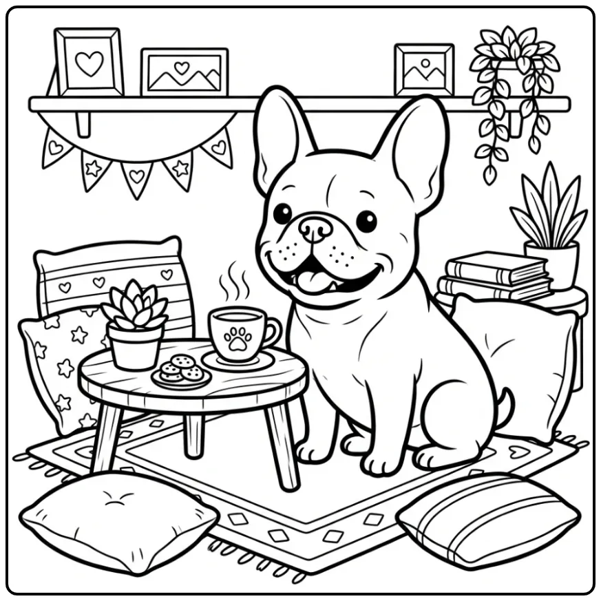 Een kleurplaat hond schattig Franse Bulldog in een café.