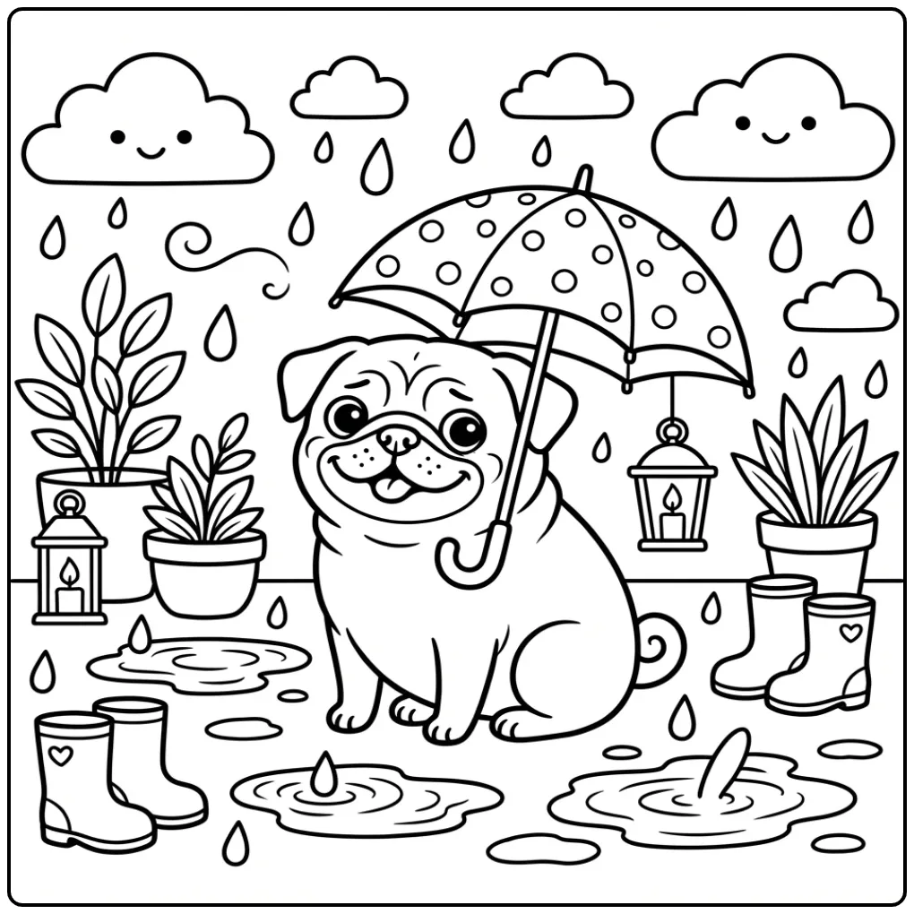 Vrolijke kleurplaat hond schattig onder een paraplu.