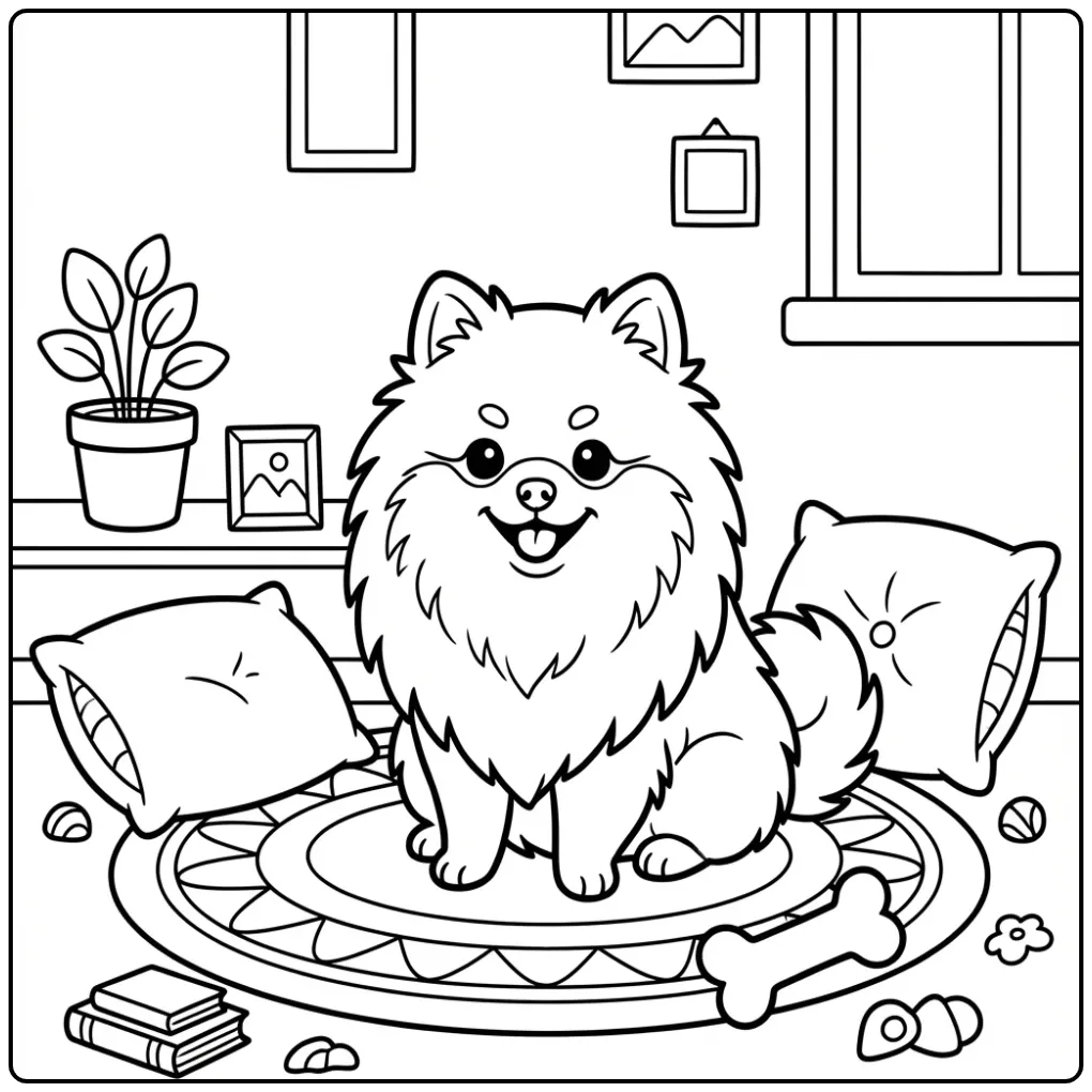 Pomeranian op tapijt, kleurplaat hond schattig en lief.