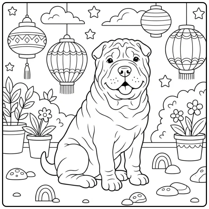 Een vrolijke Shar Pei kleurplaat hond schattig met lantaarns.