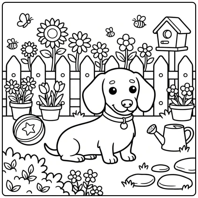 Vrolijke kleurplaat hond schattig spelend met bal bij hek.