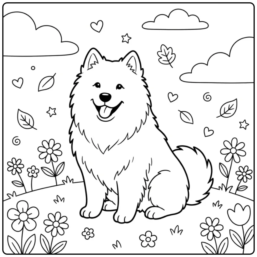 Fluffy Samojeed als kleurplaat hond schattig met bloemen