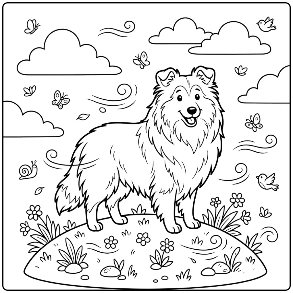 Een vrolijke kleurplaat hond van een Sheltie op een heuvel.