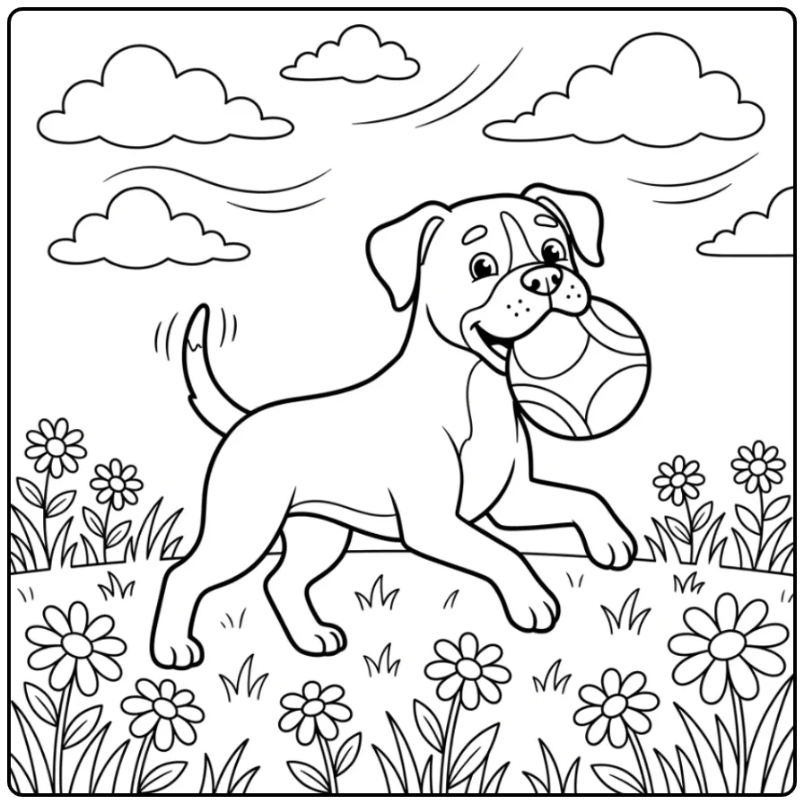 Vrolijke kleurplaat hond boxer speelt met bal in de wei.