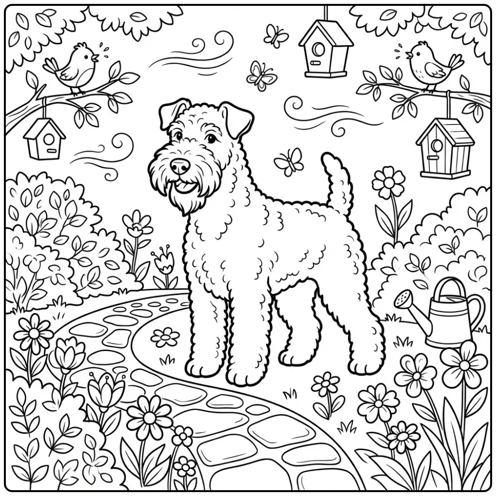 Vrolijke kleurplaat hond: Kerry Blue Terrier op een tuinpad