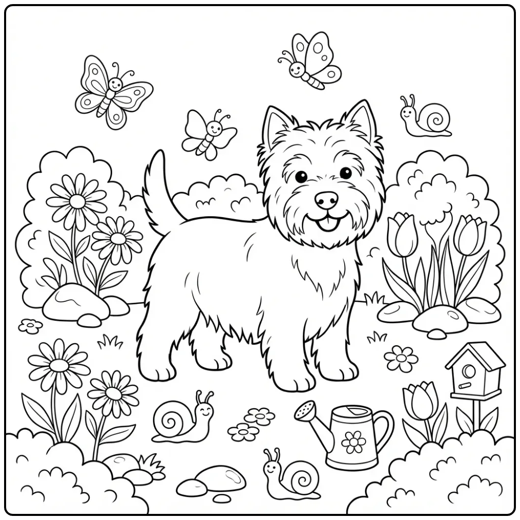 Schattige Westie kleurplaat hond in een bloementuin.