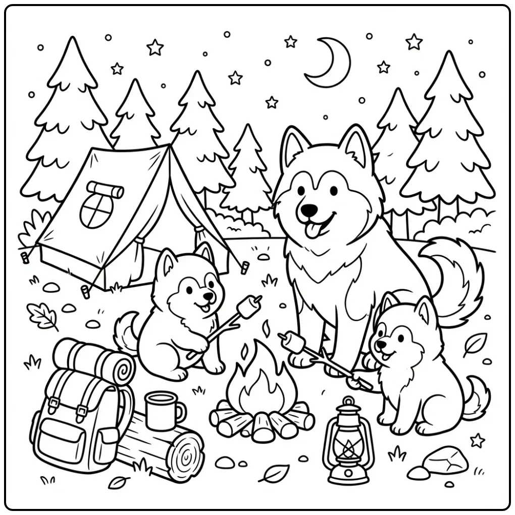 Leuke kleurplaat honden puppies roosteren marshmallows.