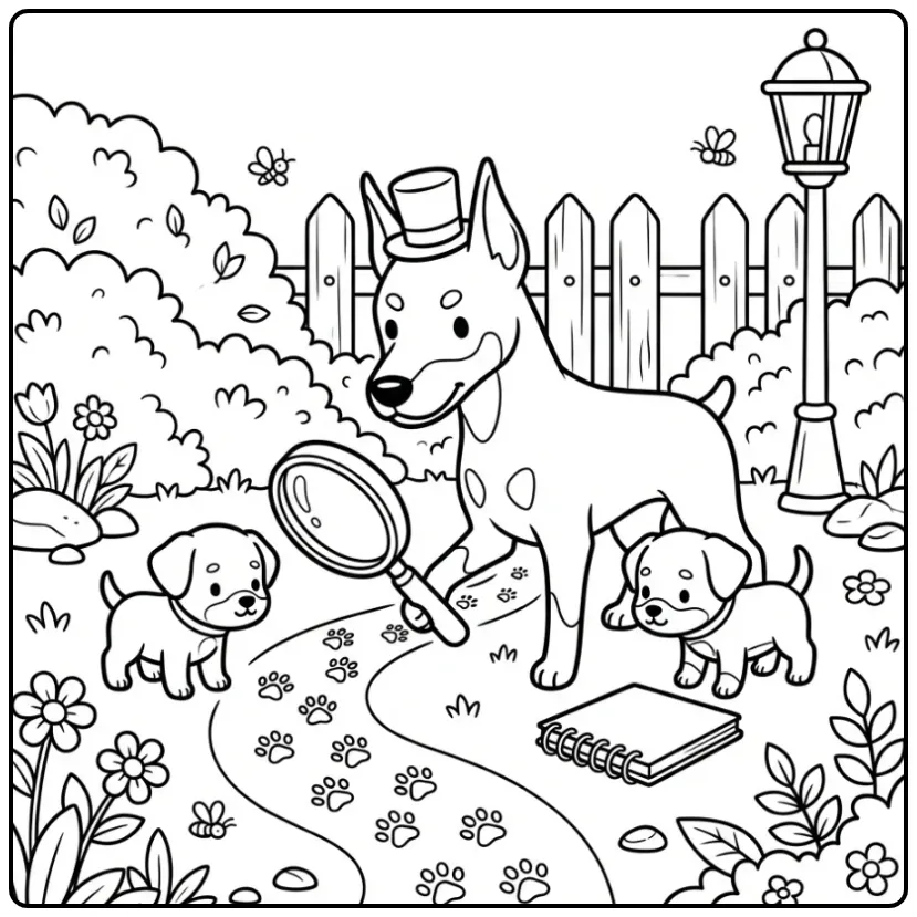 Doberman en kleurplaat honden puppies zoeken sporen.