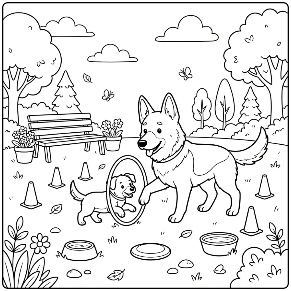 Een kleurplaat honden puppies in het park aan het trainen.