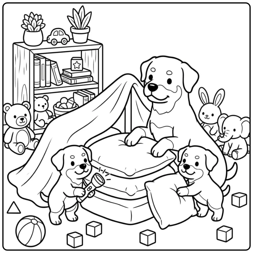 Kleurplaat honden puppies bouwen samen een groot kussenfort