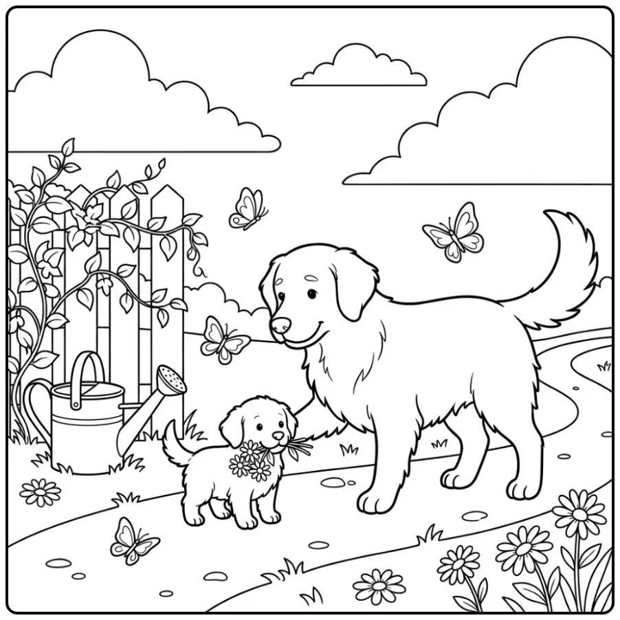 Schattige kleurplaat honden puppies met bloemen in de tuin.