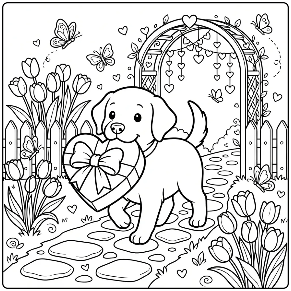 Schattige kleurplaat hondje met hartje en cadeau in de tuin.
