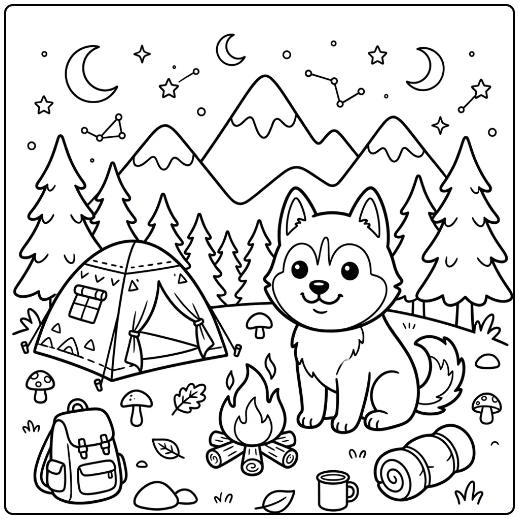 Een schattige kleurplaat husky puppy bij een warm kampvuur.
