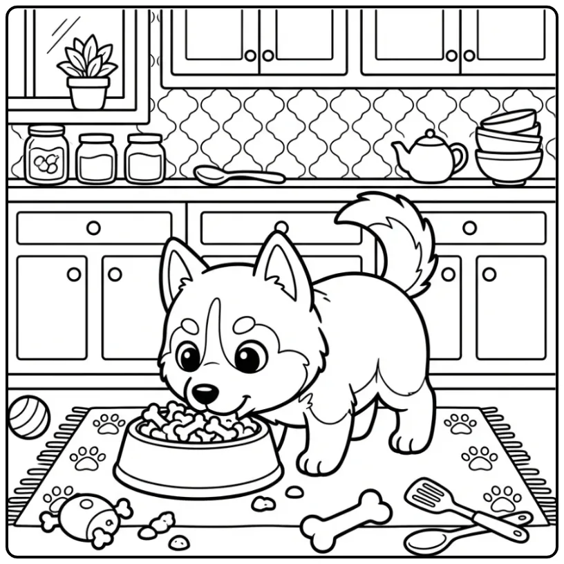 Schattige kleurplaat husky puppy bij voerbak in keuken.