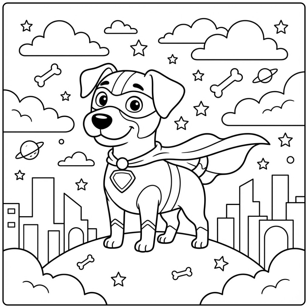 Een superheld kleurplaat jack russel met een cape en masker.