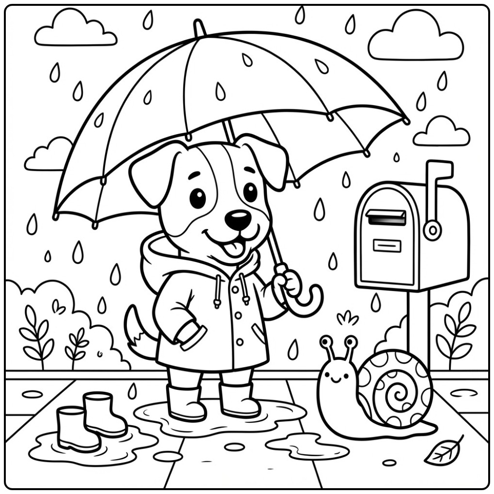 Vrolijke kleurplaat jack russel met paraplu in de regen.