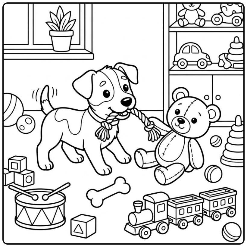Speelse kleurplaat jack russel die touwtrekt met een teddybeer.