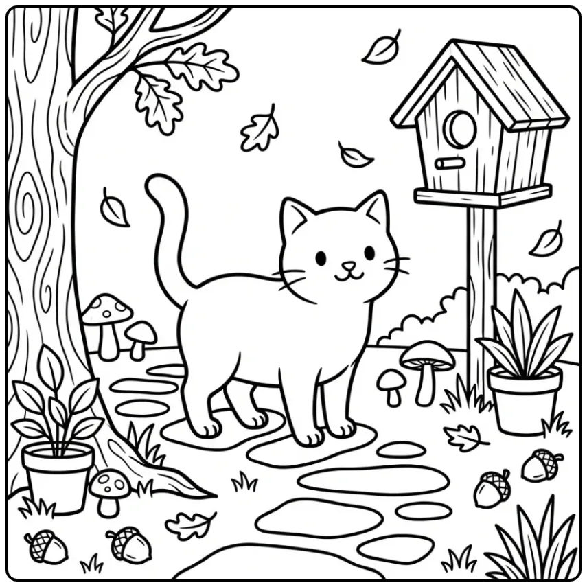 Schattige kleurplaat kat op een pad met eikels en vogelhuisje.