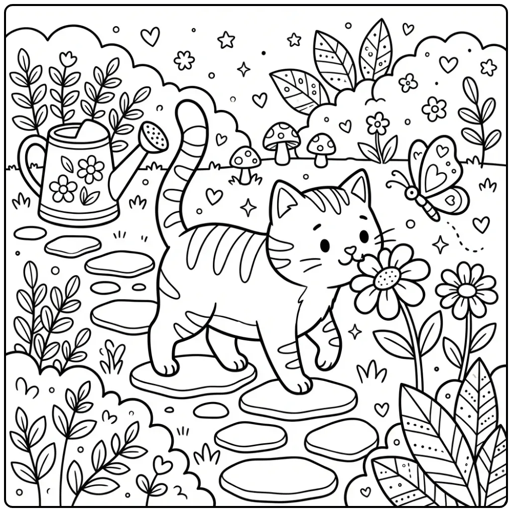 Schattige kleurplaat kat wandelend op een tuinpad.