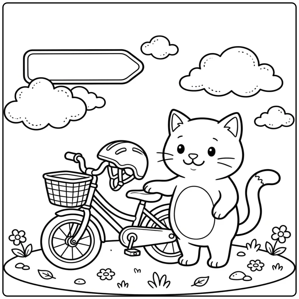 Een leuke kleurplaat kat met een fiets en een helm op.