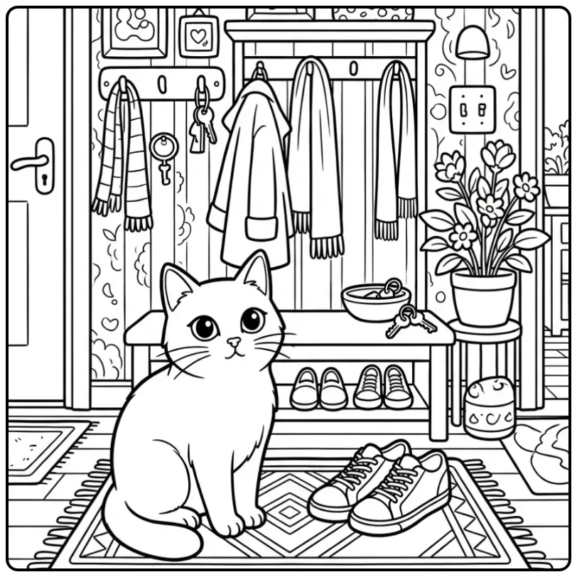 Schattige kleurplaat kat zittend op de deurmat in de hal.