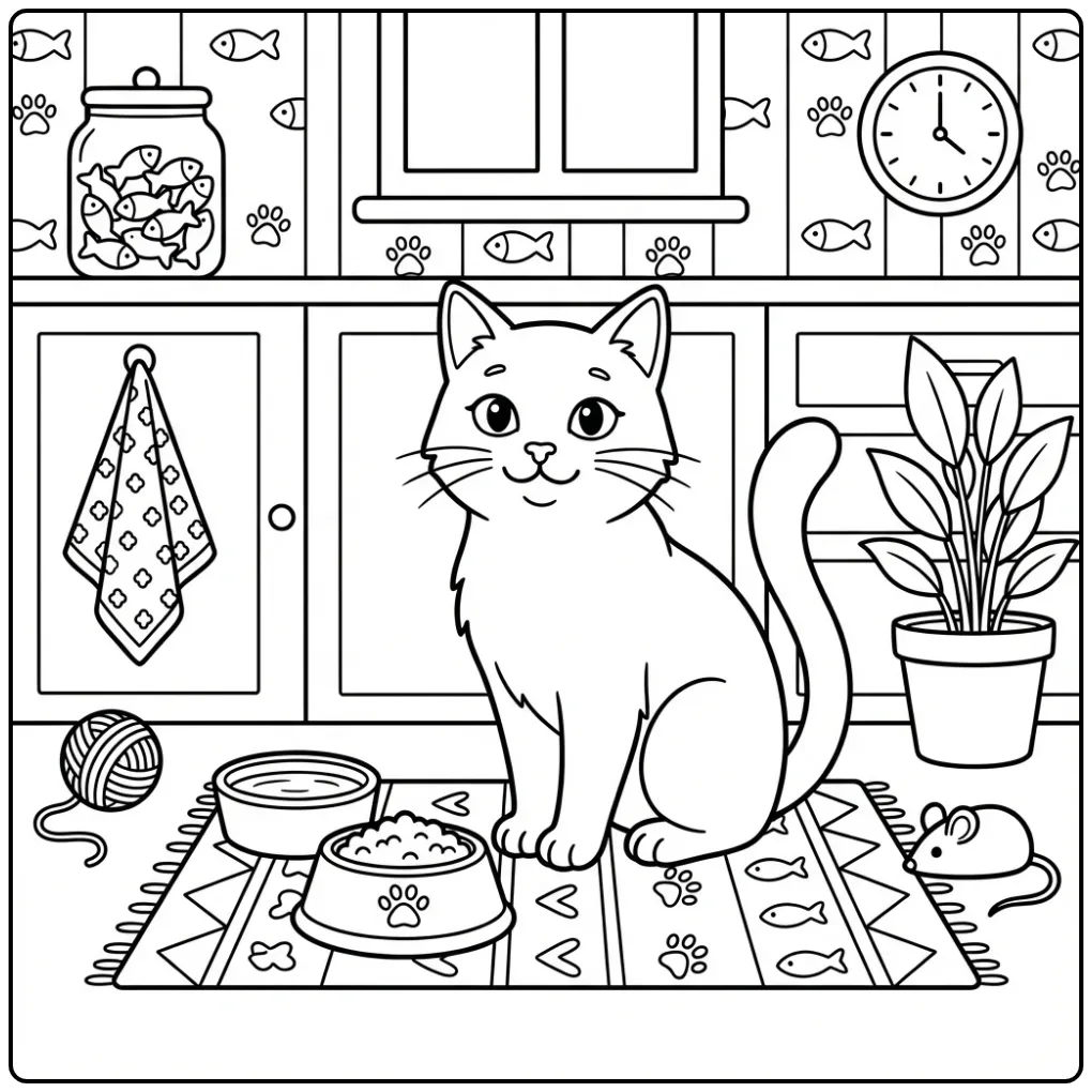 Een leuke kleurplaat kat zittend naast etensbakjes.