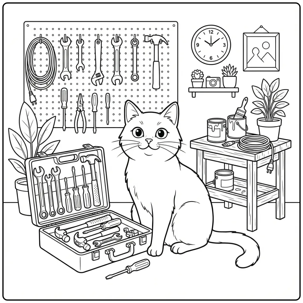 Een leuke kleurplaat kat naast een open gereedschapskist.