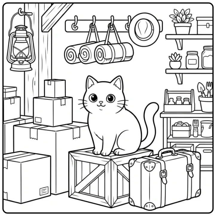 Een gedetailleerde kleurplaat kat op een krat in de opslag.