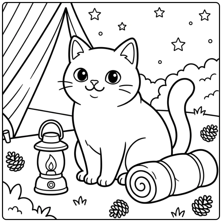 Kamperende kleurplaat kat met lantaarn en slaapzak.