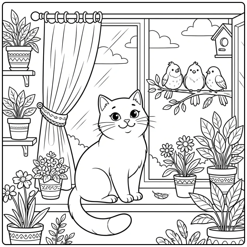 Schattige kleurplaat kat op de vensterbank met planten.