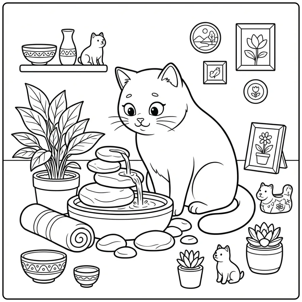 Realistische kleurplaat kat bij fonteintje met planten